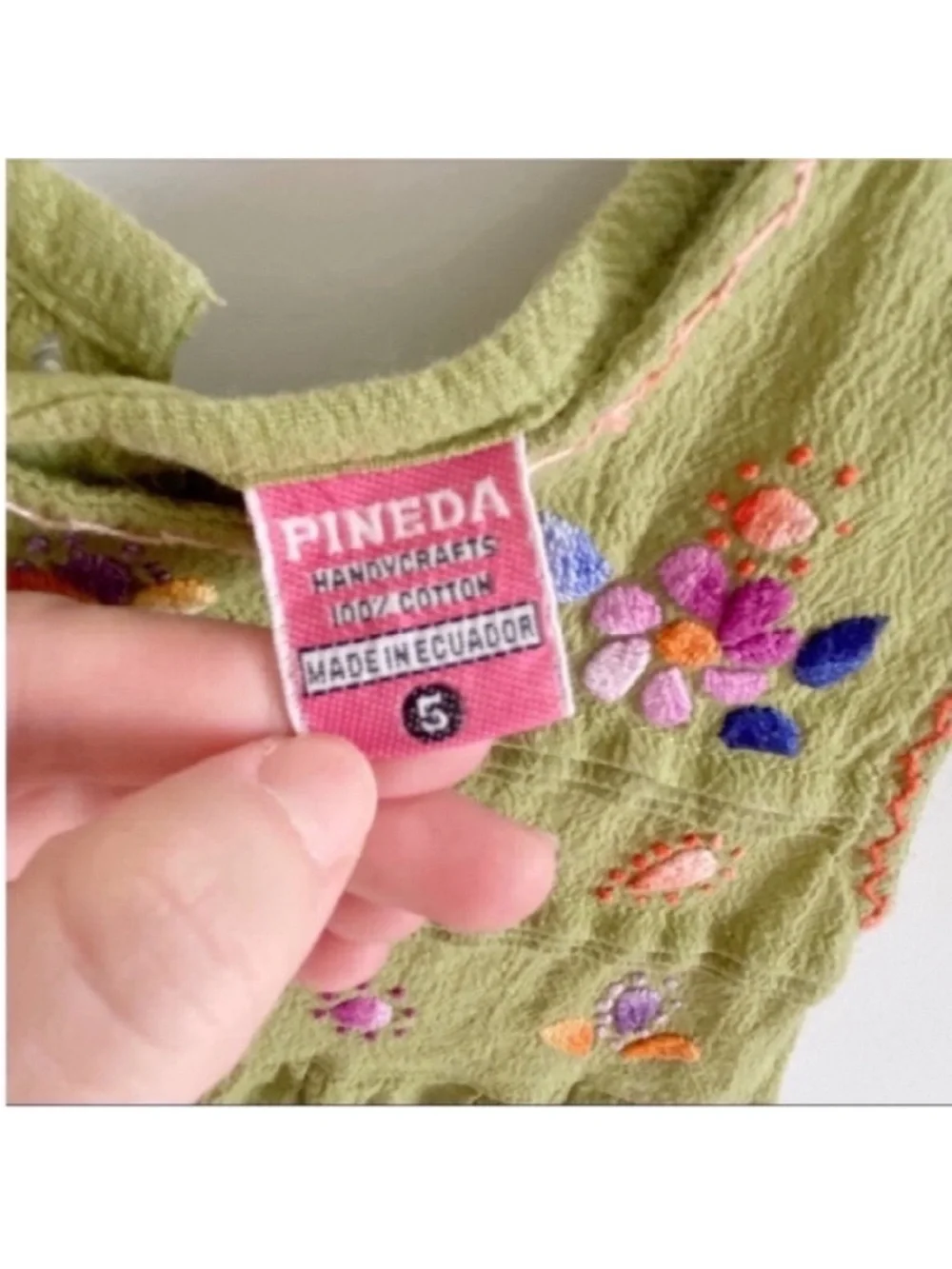 Pineda Handcrafts embroidered green dress floral ruffle Ecuador